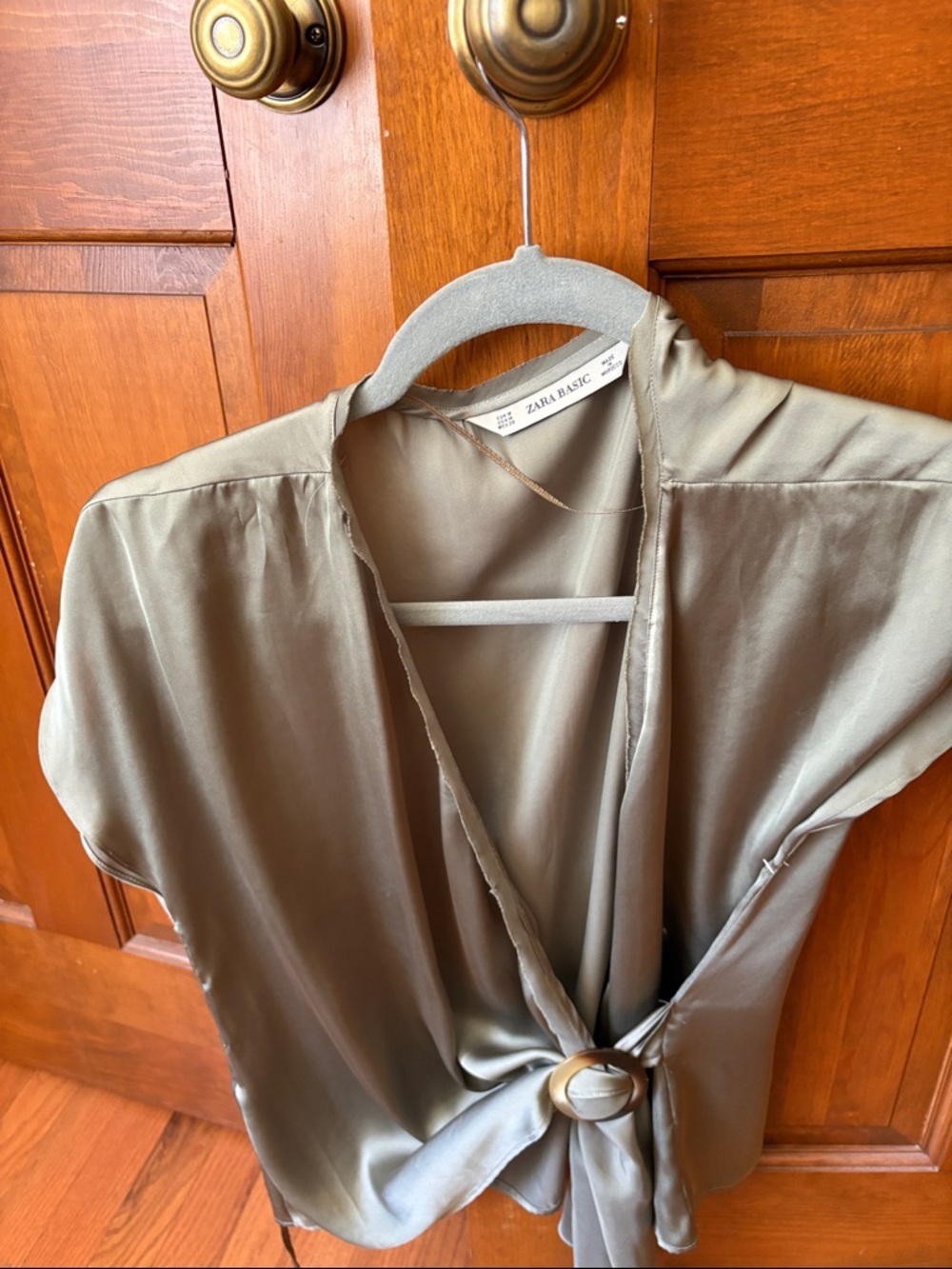 Zara Olive Green Satin Tie-Front Blouse